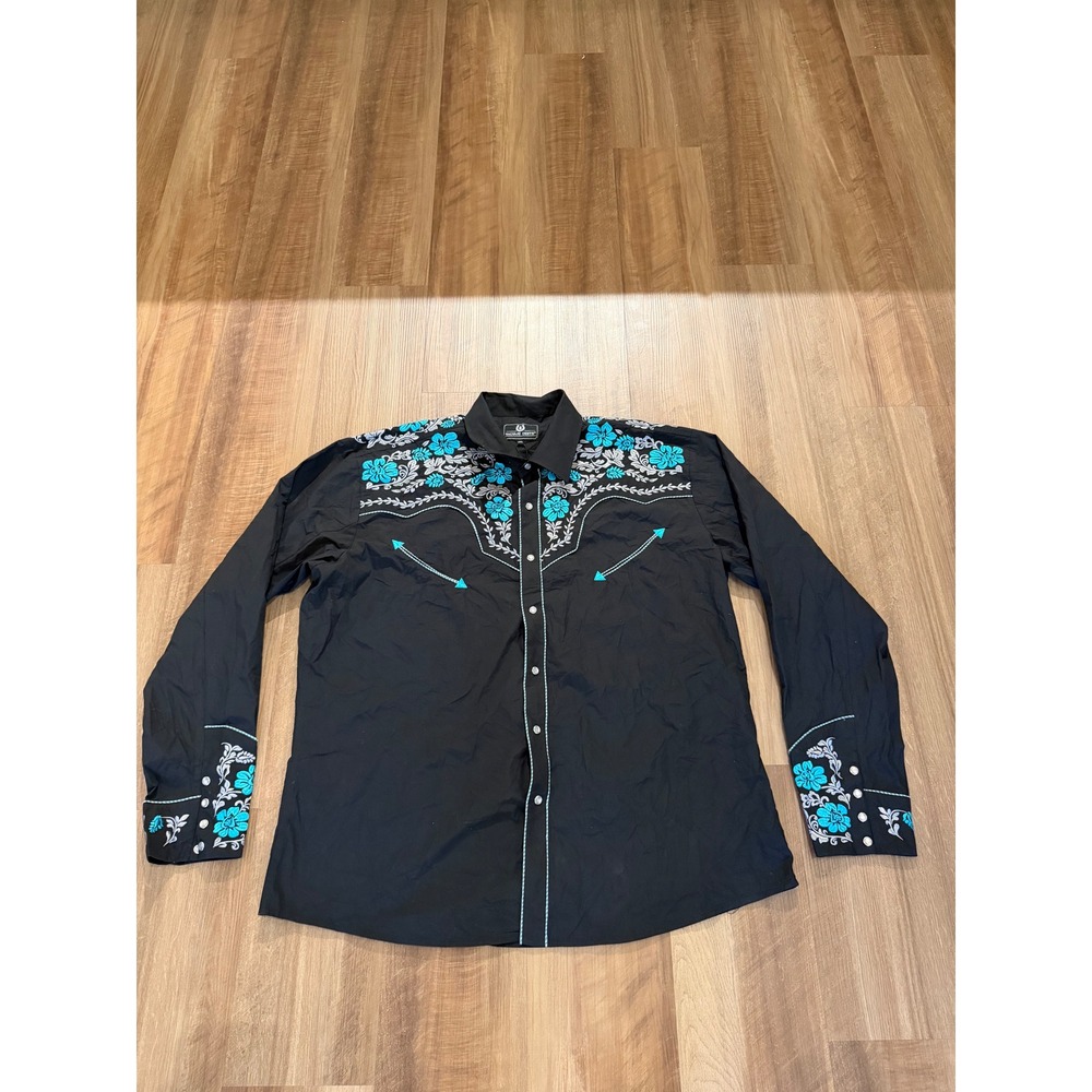 Black Long-Sleeve Western Dress Shirt with Turquoise Floral Embroidery
